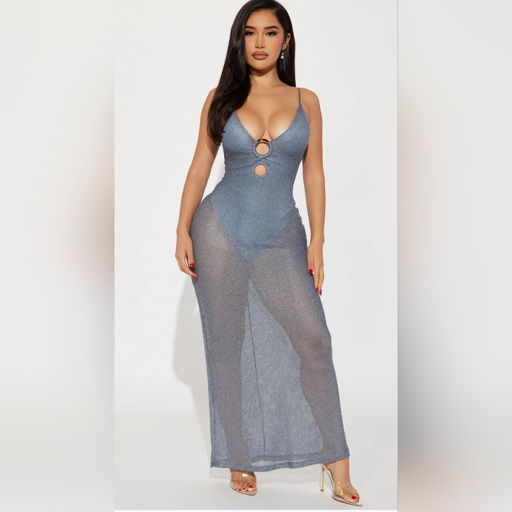 Fashion Nova Shimmery Steel Blue Sheer Maxi Dress